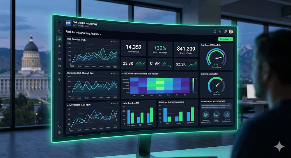 A curved computer monitor displays a dark-themed real-time marketing analytics dashboard featuring vibrant green and blue line graphs, bar charts, and circular progress gauges tracking user traffic and ROI. In the background, a person looks at the screen from an office window overlooking the illuminated Utah State Capitol building in Salt Lake City at dusk.