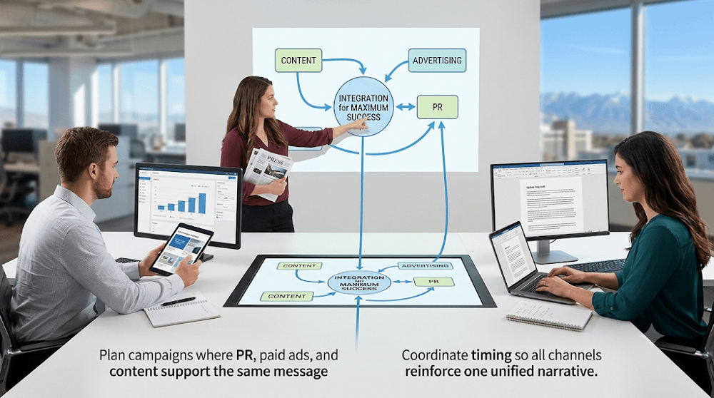 A group of focused marketing professionals in a sleek Salt Lake office collaborate around a large touchscreen table displaying an integrated strategy. An illustration on the screen clearly links Content, Advertising, and PR into a central hub, demonstrating how unified data drives maximum success